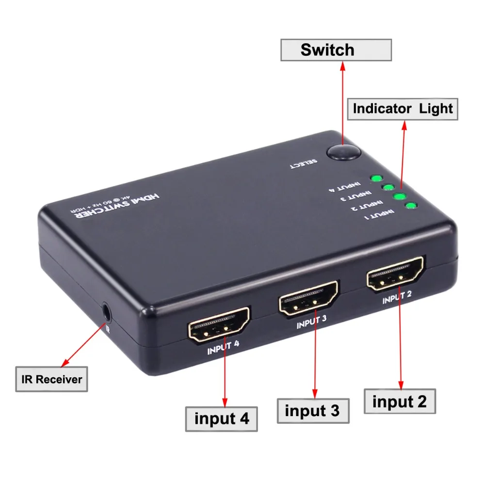 HDMI Switcher 4x1 Switch Box 4 in 1 out HDMI 2.0 Converter Selector HDCP 2.2 for HDTV Xbox PS3 PS4 Multimedia Remote IR Receiver
