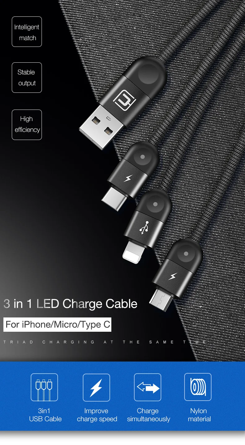 Cafele 3в1 светодиодный usb-кабель для iPhone Micro USB type C нейлоновый Плетеный usb-кабель для iPhone huawei Xiaomi Быстрая зарядка