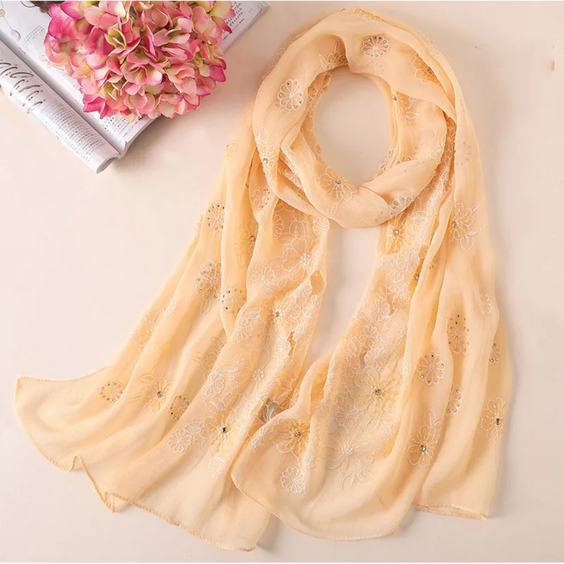 Чистый Шелковый шарф для женщин настоящий Шелковый шарф модная вышивка для мягкие женские пашмины шали бандана шарф хиджаб - Цвет: Светло-желтый