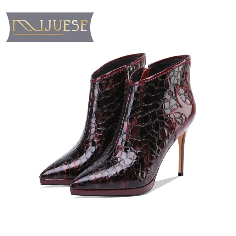 

MLJUESE 2019 women ankle boots cow leather zippers Rome style Totem platform Stiletto boots thin heel high heel women boots