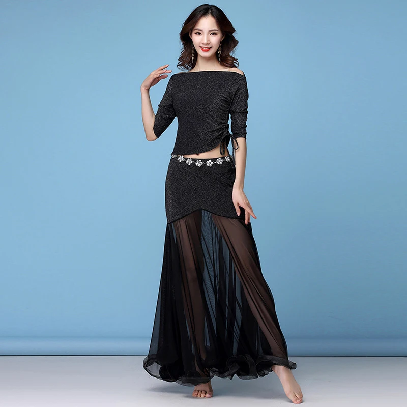 New Fashion Women Belly Dance Clothing Stretchy Shinny Fabric Off Shoulder Ruffles Maxi Long Skirts Bellydance Costume Set 2pcs