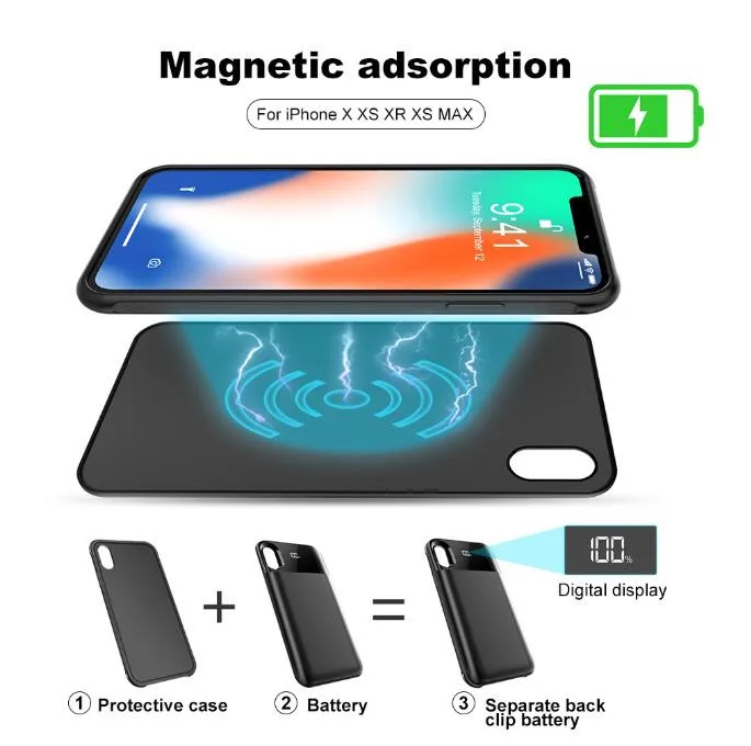 

Separate Wireless charger Battyer Case For iPhone X XR Xs Max Magnetic Adsorption Power Bank Smart Digital Display Silicone Case