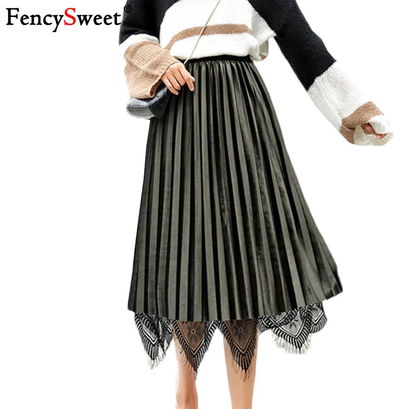 Fencysweet Elastic Waist Velvet Pleated Skirt Women Reversible Lace