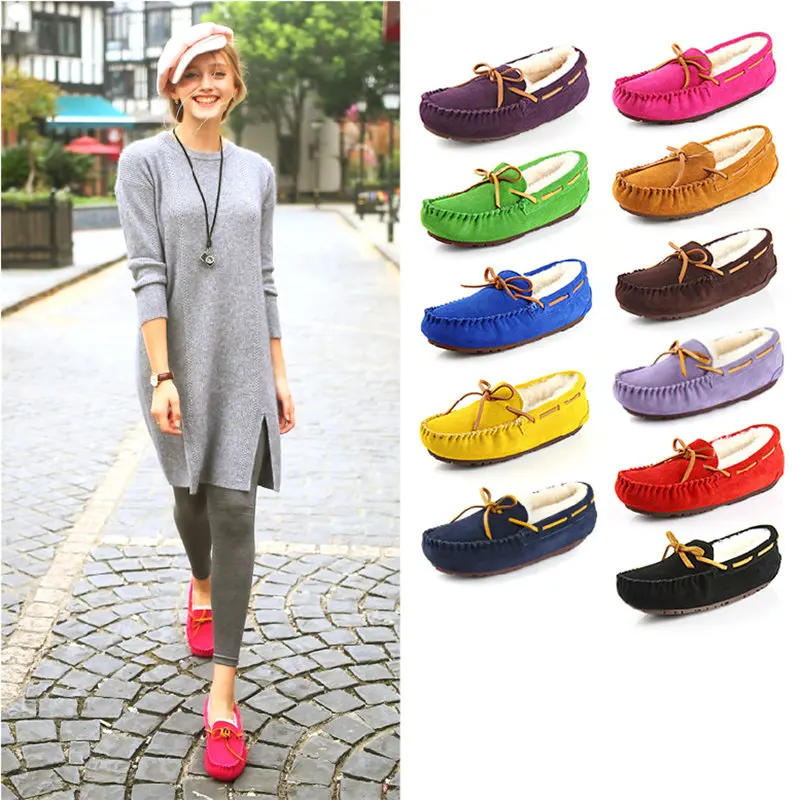 

2019 Fashion 100% Cowhide Leather+ Shearling Shoes Woman Flats winter Leather Wool fur Shoes Lady Peas shoes