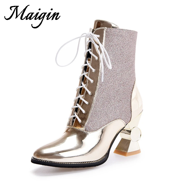 Maigin Ankle Boots for Women 2018 New Gold&Silver Lace Up Boots Women Pointed toe High Heels Women Shoes Fashion Ladies Shoes