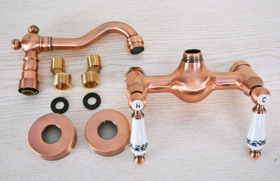 Antique Red Copper Brass Wall Mounted Bathroom Kitchen Sink Faucet Swivel Spout Mixer Tap Dual Ceramics Handles Levers anf950