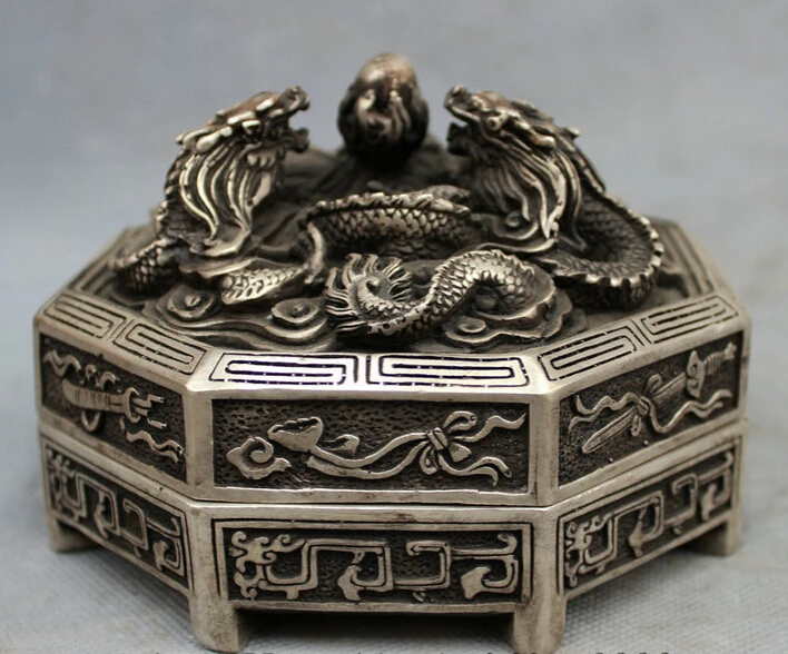 

S2541 Tibet Silver 8 Auspicious Symbol Dragon Statue Bronze Box Incense Burner Censer D0318
