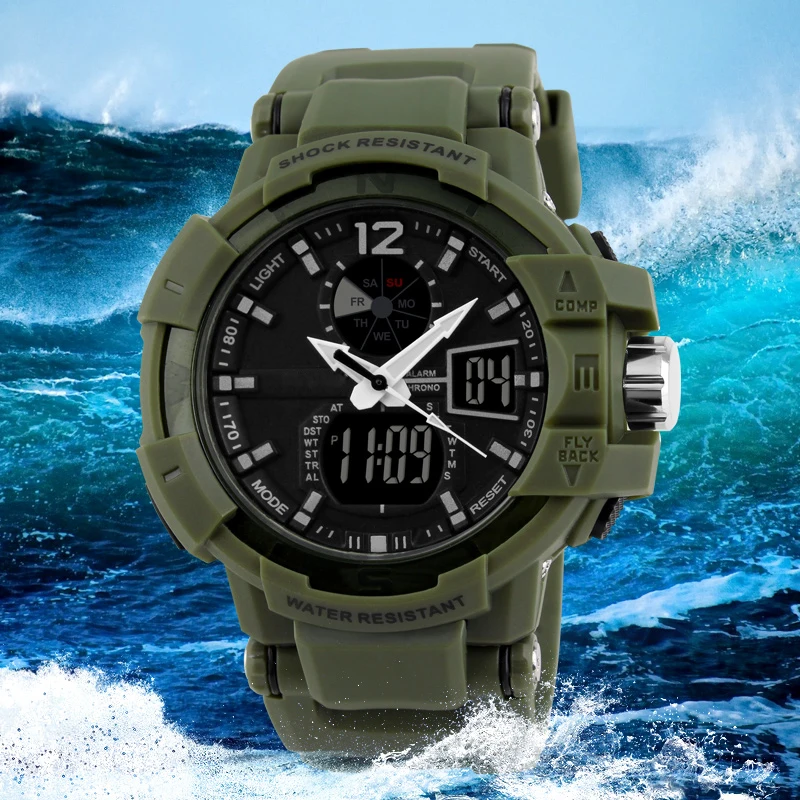 

2018 cool style silicone men gentleman students sports led alarm back light diver swim wristwatches younger double display watch