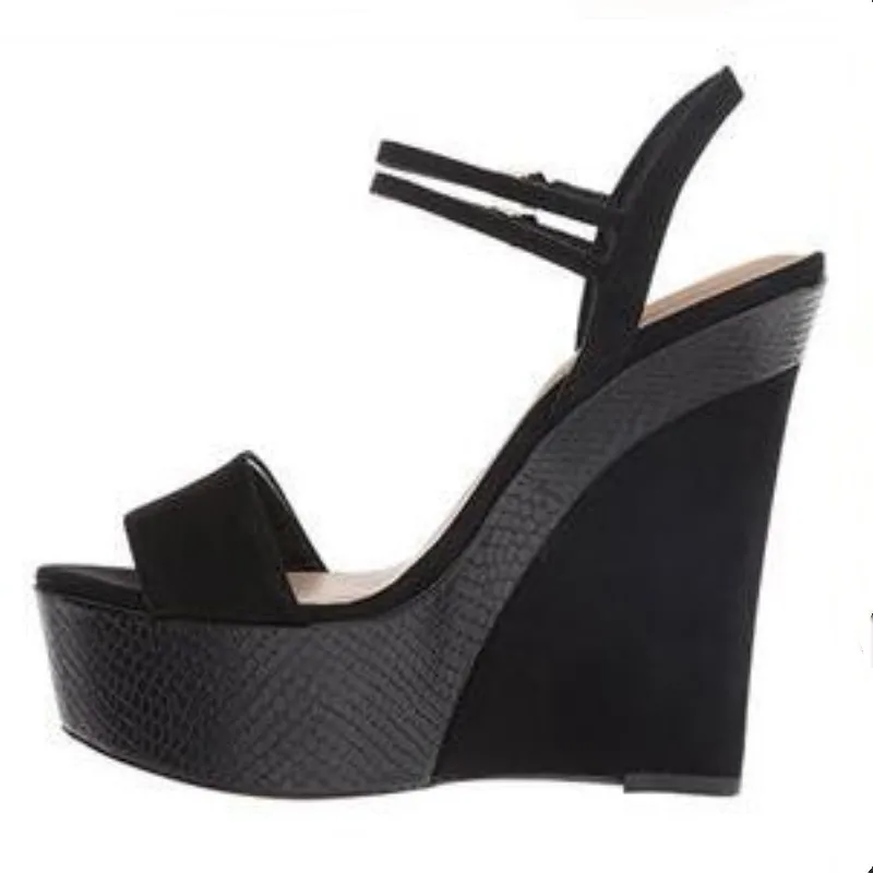 Shofoo Hermosa De Alto 14 Cm Mujeres 5 Tacón Cuñas Envío Moda Gratis Zapatos Sandalias Las Negro Rebaño StrwqS