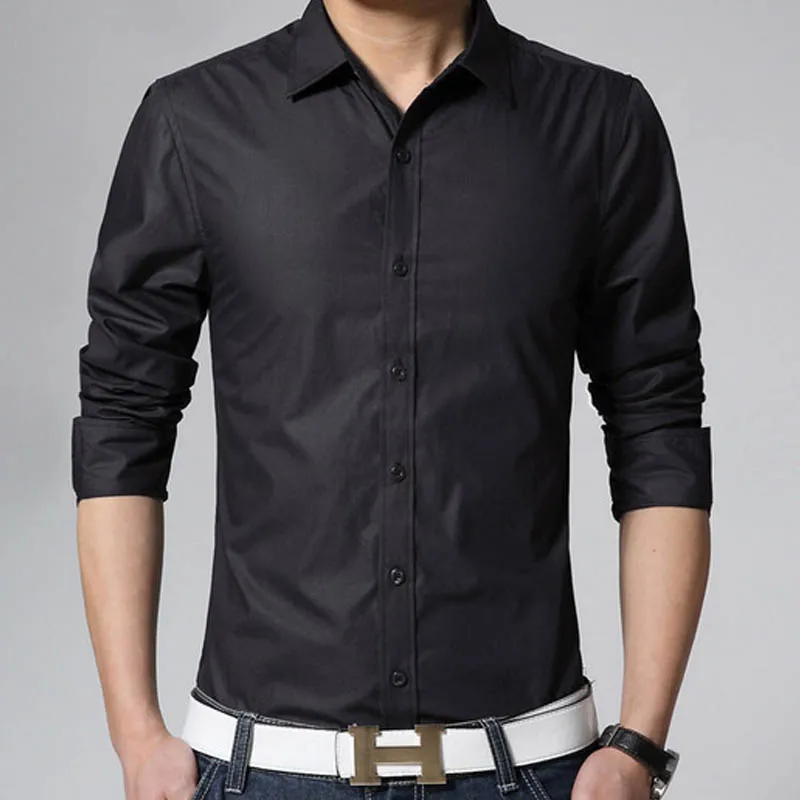 URSPORTTECH Высокое качество Мужские рубашки с длинным рукавом сплошной карамельный цвет Slim Fit формальная деловая рубашка брендовая мужская одежда рубашки размера плюс - Цвет: 2-Black