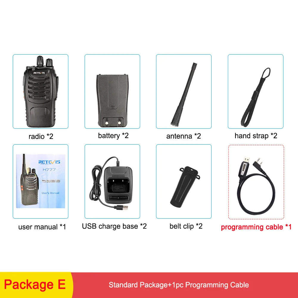 Package E 2 шт. RETEVIS H777 Walkie Talkie 3 Вт УВЧ двухсторонняя радиостанция приемопередатчик двухстороннее радио-коммуникатор зарядка через usb рация - Цвет: Package E