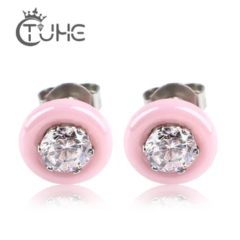 

Round Pink Black White Ceramic Stud Earrings For Women AAA Big Crystal CZ Pink Women Earrings Jewelry Wedding Women Wholesale