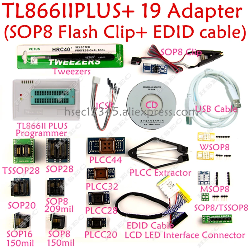 

New XGecu tl866ii plus usb programmer+19 adapter SOP8 Clip minipro TL866 universal programmer CH341A/EZP2010/EZP2013 programador