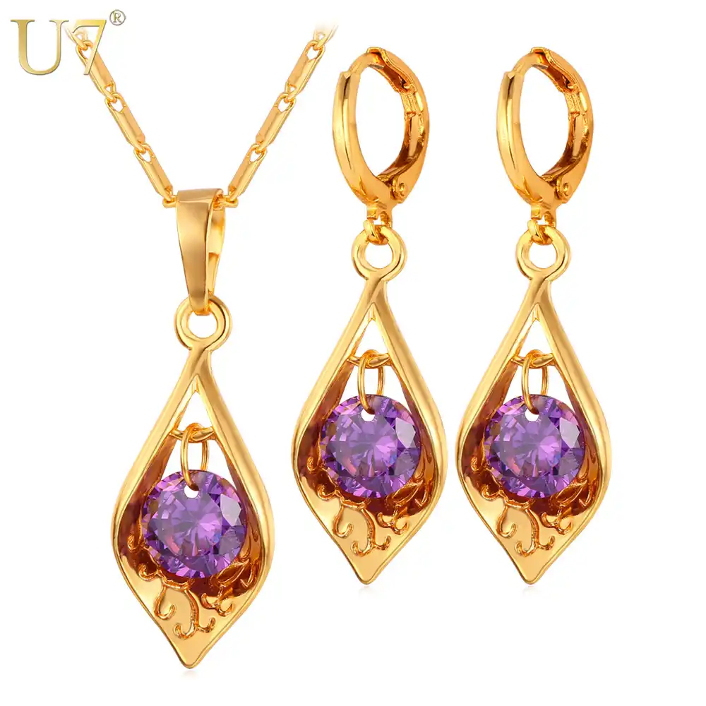 U7 Luxury Cubic Zirconia Jewelry Set Gold Silver Color Purple U7 Luxury Cubic Zirconia Jewelry Set