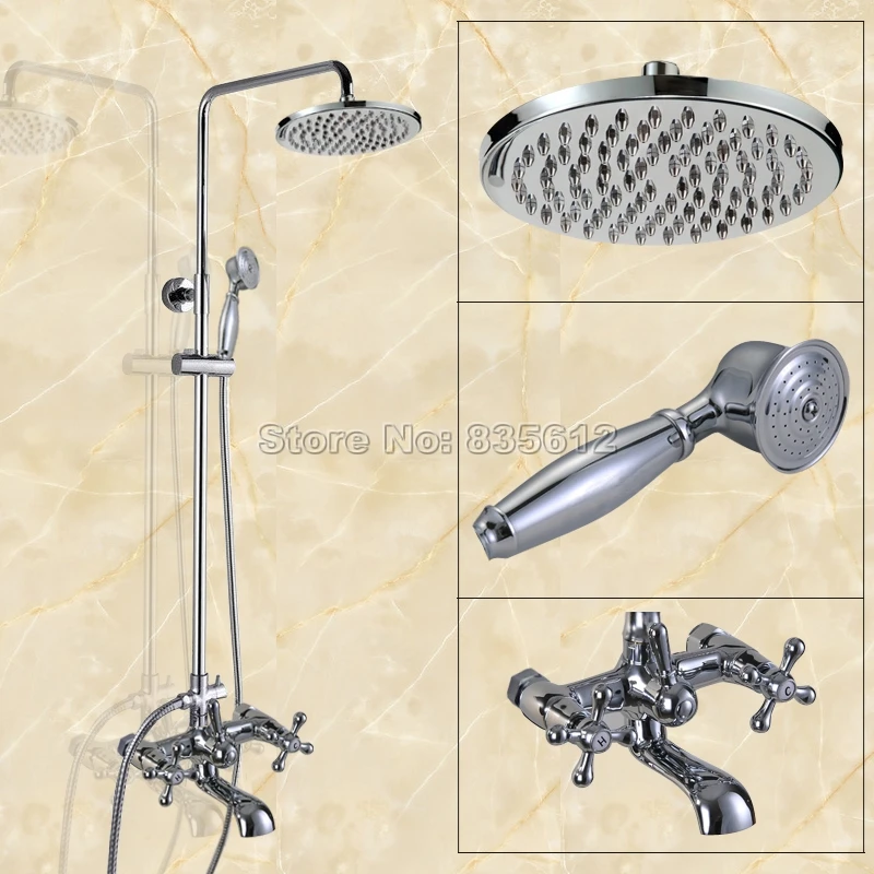 Chrome Brass Wall Mounted Rain Shower Faucet Set W/ Bathroom Cross Handles Clawfoot Tub Mixer Tap + Handheld Shower Wcy323