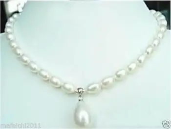 

real New 7-9MM White Cultured Pearl & Shell Pearl Pendant Necklace 18''