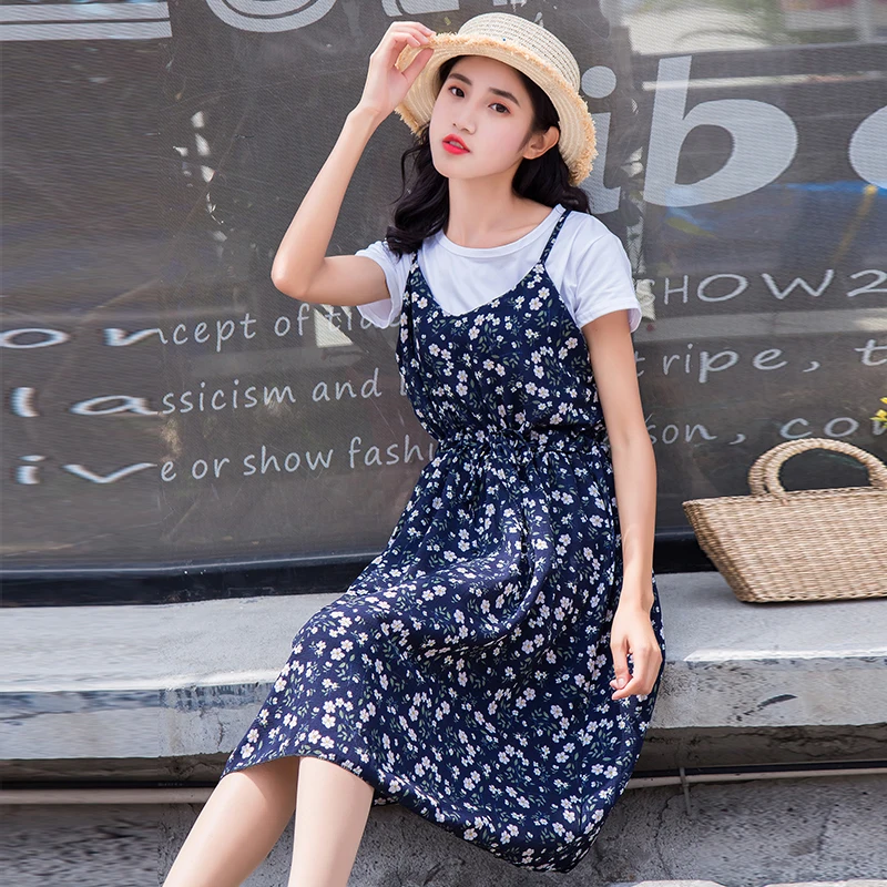 Women's Sundresses Japan Kawaii Ulzzang Summer Two-piece Floral Chiffon Dress Female Cute Korean Harajuku Dresses For Women
