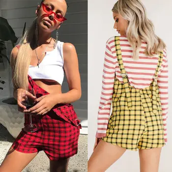 

New Women Fashion Plaid Print Shorts Overalls Trendy Casual Bodycon Ladies Chic Party Summer