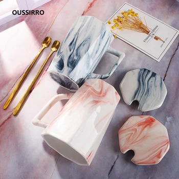 

OUSSIRRO Flamingo Pattern Natural Marble Porcelain Coffee Mug Mr and Mrs Tea Milk Cup Creative Wedding Anniversary Gift