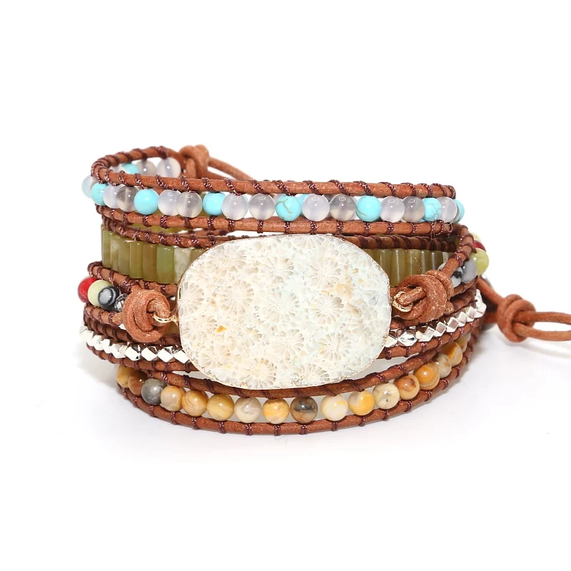 Подарочные ювелирные изделия винтажные кожаные браслеты, натуральные камни Хризантема камни Шарм 5 браслет из переплетенных нитей Boho браслеты