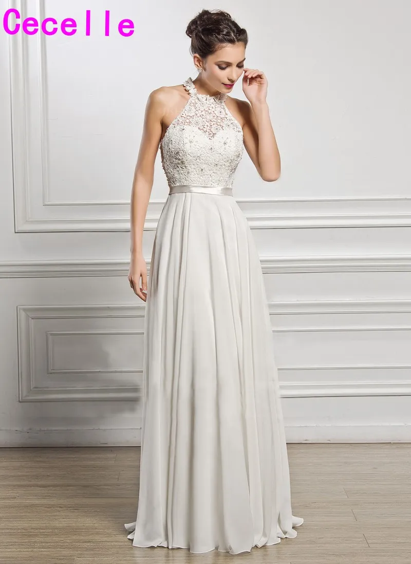 2019 New Arrival Simple Lace Chiffon Beach Wedding Dress Halter Floor ...