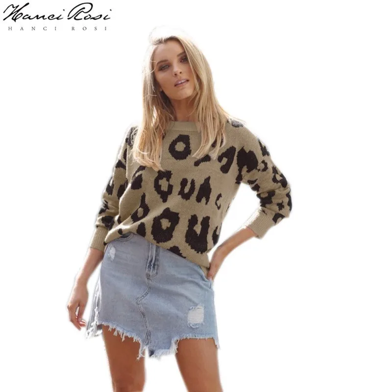 

HANCI ROSI Leopard Sweater Women Autumn Women Pullover Mujer Sweater O Neck Pull Femme Long Sleeve Casual Streetwear Loose