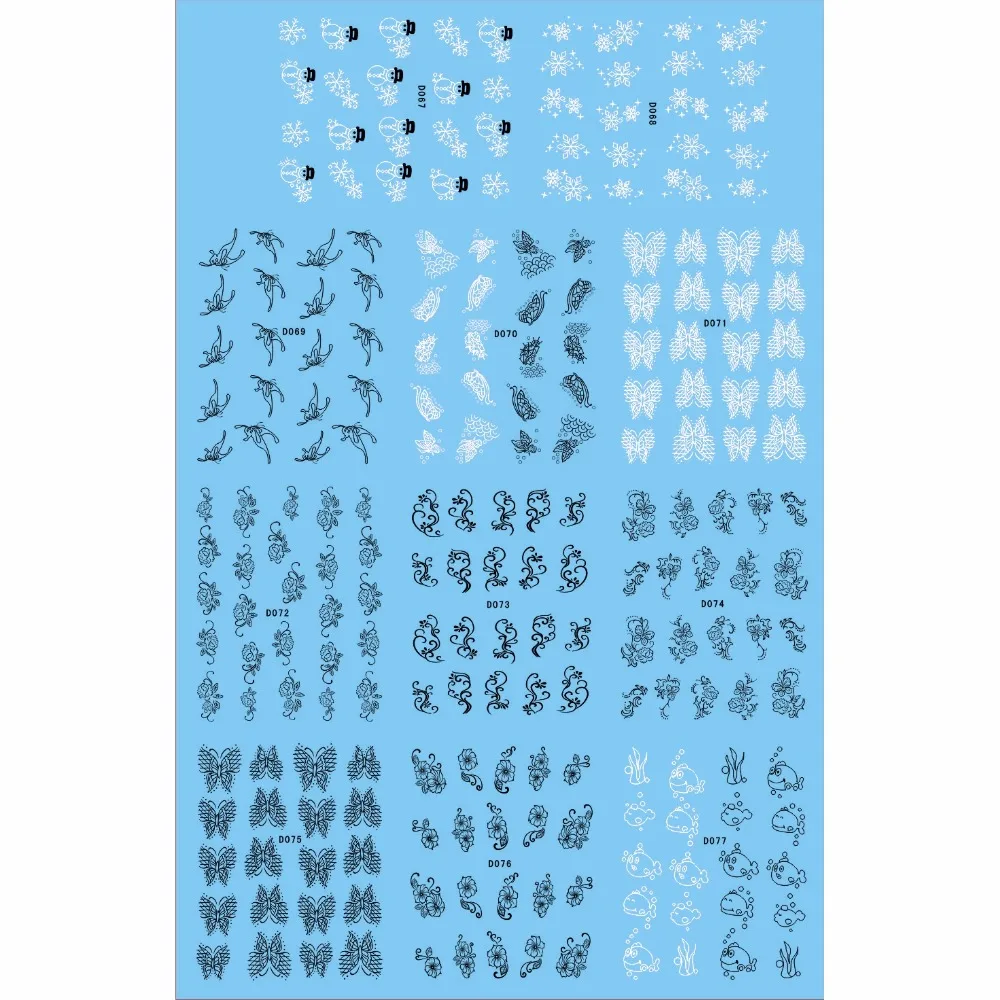 

11 PACK/ LOT WATER TRANSFER DECAL NAIL ART NAIL STICKER BLACK WHITE FLOWER VINE GRASS SNOW MAN FLAKE D067-077