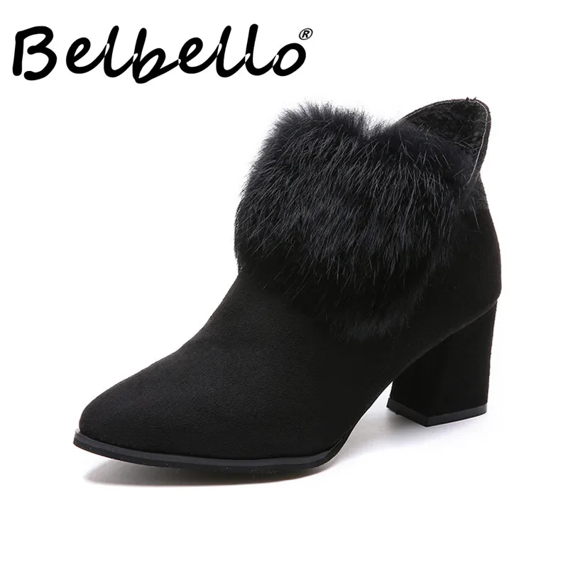 Skup Belbello 2019 zima nowa dziewczyna buty w stylu casual wygodne ciepłe buty królik włosy kosmków damskie krótkie buty