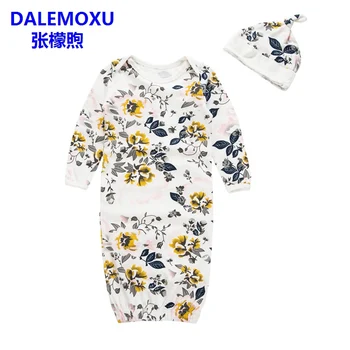 

2pcs White Flower Print Newborn Baby Boys/Girls Sleeping Bag Sleep Sack+ Hat Soft Cotton Stroller Swaddle Blanket Bag 0-6M