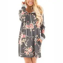 2018 сезон: весна–лето Повседневное платье с капюшоном Для женщин Мода мини-платье с цветочным принтом Толстовка с длинным рукавом