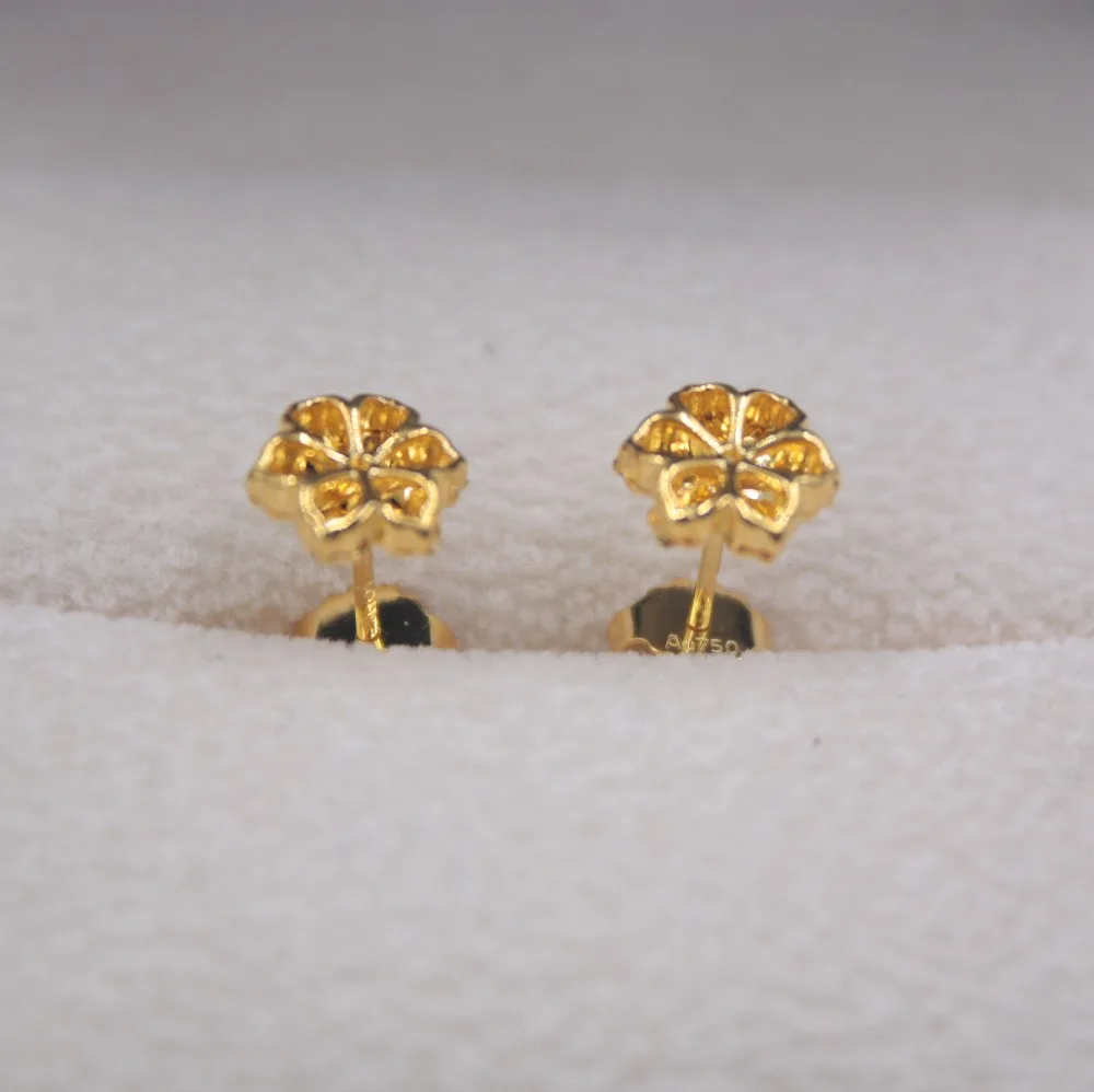 

Real Au750 18K Yellow Gold Earrings Charm Flower Lucky Stud Earrings 7*15mm 1.6-1.9g Fashion