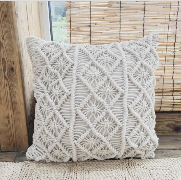 Beige Macrame Hand-woven Cotton Thread Pillow Cover 45x45cm Geometric Bohemia Home Decoration - Цвет: A