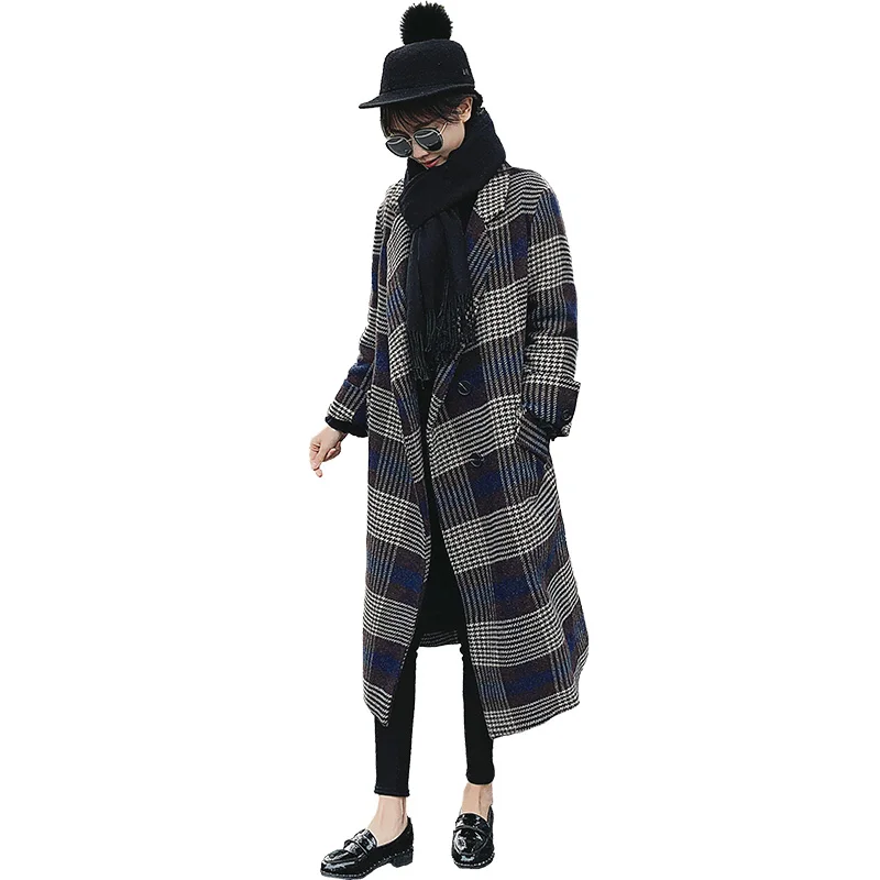 New Women's Wool Coat Autumn Winter 2018 Fashion Classic Plaid Patchwork Woolen Jacket Slim Thicken Long Outerwear Female Coats