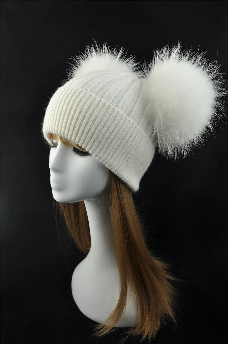 Женская зимняя модная меховая шапка с помпоном для девочек, Вязаная Шапка-бини для взрослых, вязаная шерстяная шапка с двумя помпонами
