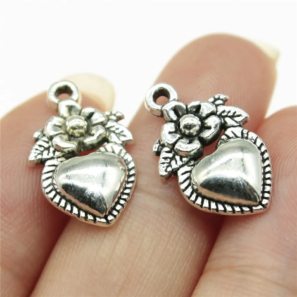 cheap Charms Flower Heart Diy Jewelry Findings 50pcs lot Antique Silver Plated 0.6 inch (15mm) Flower Heart Charms
