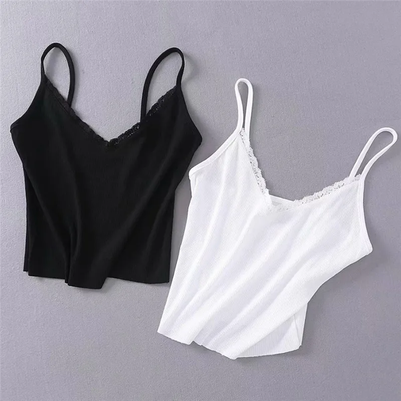 

Summer 2019 Womens Lace Top Crop Camis Ladies Elasticity Slim Sexy Tops Tank Black White Top femme mujer feminino