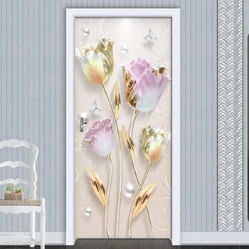 

New Modern Embossed Tulip Flowers Door Stickers Mural PVC Self-adhesive 3D Wallpaper For Living Room Bedroom Door Decor Decals