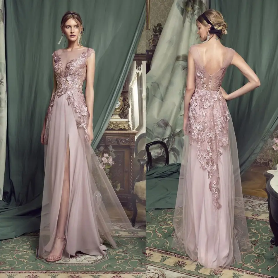 

2019 Fashion Mother of the Bride Dresses Sexy High Side Split Lace Appliques Evening Gowns Floor Length Wedding Guest Dress