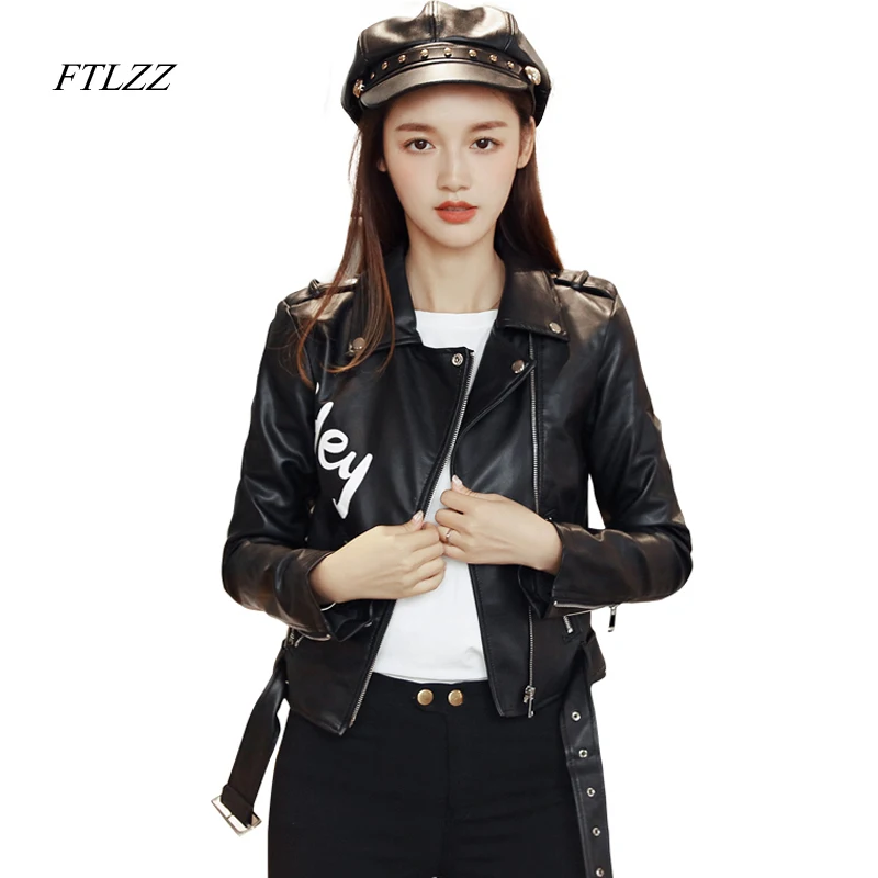 

FTLZZ 2018 Women Print Letter Pu Leather Jacket fashion Short Design Slim black Moto Faux Leather Jackets