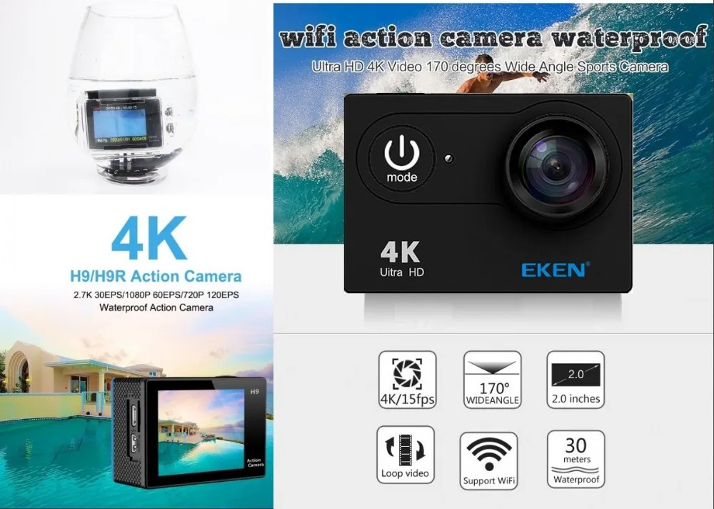 EKEN H9/h9r экшн-камеры удаленного Ultra HD 4 К Wi-Fi 1080 P/60fps 2.0 ЖК-дисплей 170d шлем CAM Go 30 м Водонепроницаемый Pro камеры