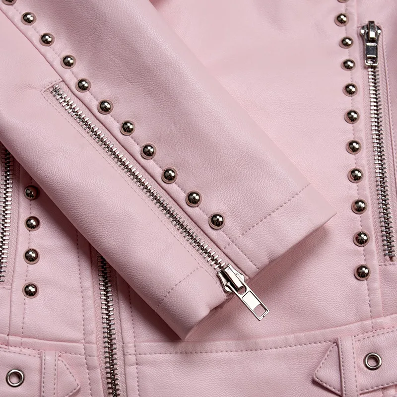 Новая Осенняя куртка размера плюс в стиле панк черного и розового цвета, Женская мотоциклетная куртка с бусинами, куртки с заклепками и шипами из искусственной кожи LF1660