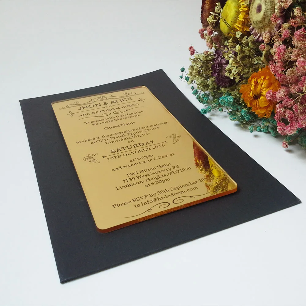  Customized 100*180mm laser engraved letters golden mirror acrylic wedding invitation card (1lot=100 - 32765376566