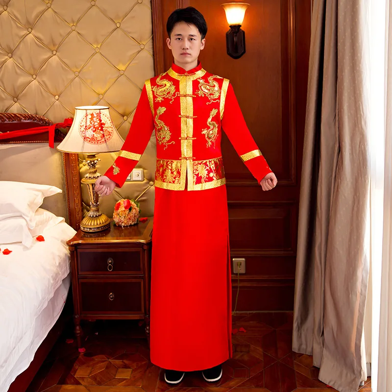 Китайский стиль Свадебные Мужские тосты костюмы платье красный Вышивка жениха вечернее длинное платье кимоно пиджак для жениха Тан костюм
