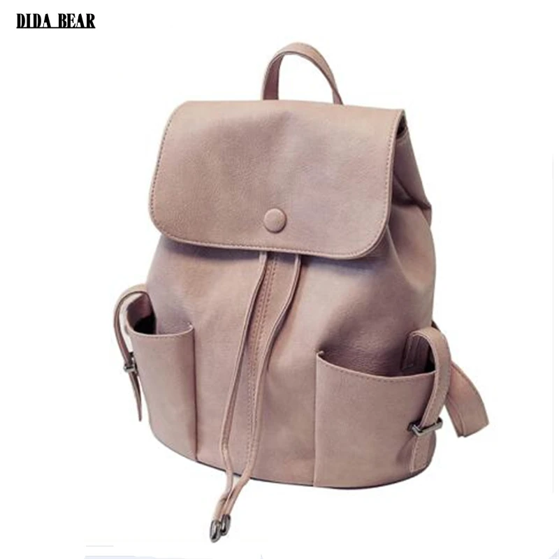 DIDA BEAR Brand Fashion String Leather Backpack Women Female New School Bag For Girls Teenagers Lady Rucksack Drawstring Mochila