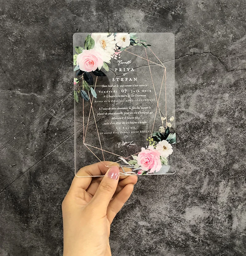  Classic Clear acrylic wedding invitation with beautiful flower design