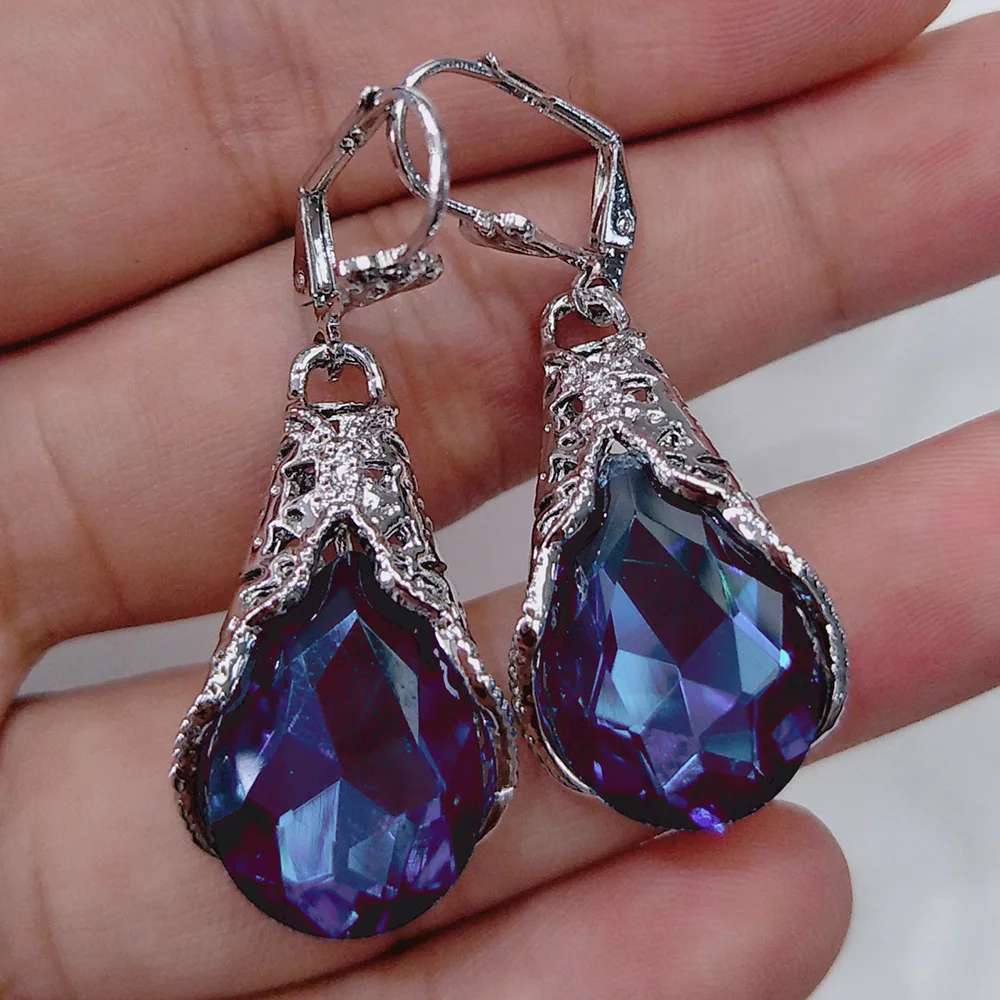 

MOONROCY Silver Color Blue Crystal Dangle Earrings Vintage for Women Girls Gift Jewelry Wholesale Dropshipping