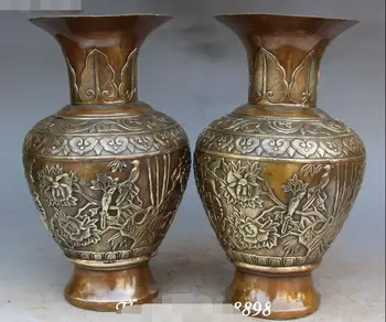 

10" Chinese Bronze Magpie Bird Bat Bats Bamboo Flower Vase Vases Statue Pair