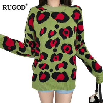 

RUGOD New Fashion Female Leopard Sweater 2019 Autumn Winter Casual O-Neck Knitted Oversized Pullovers For Women Sueter Mujer