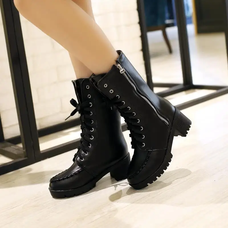 

winter New Mid-Calf Side Zipper Boots Women Boots Cross Straps Solid Colors Round Toe Square Heels Ankle boots size 33-43 R949