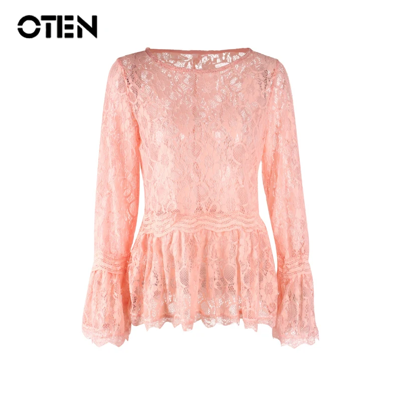 

OTEN Peplum Sexy Top Women fashionable Long Sleeve Round Neck transparent hollow out see through Party pink t shirt lace 2018